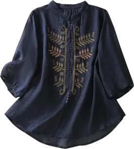 3/4 Length Sleeve Womens Boho Tops Cotton Linen Mexican Embroidered Shirts Vintage Flowy Tunic Peasant Blouses