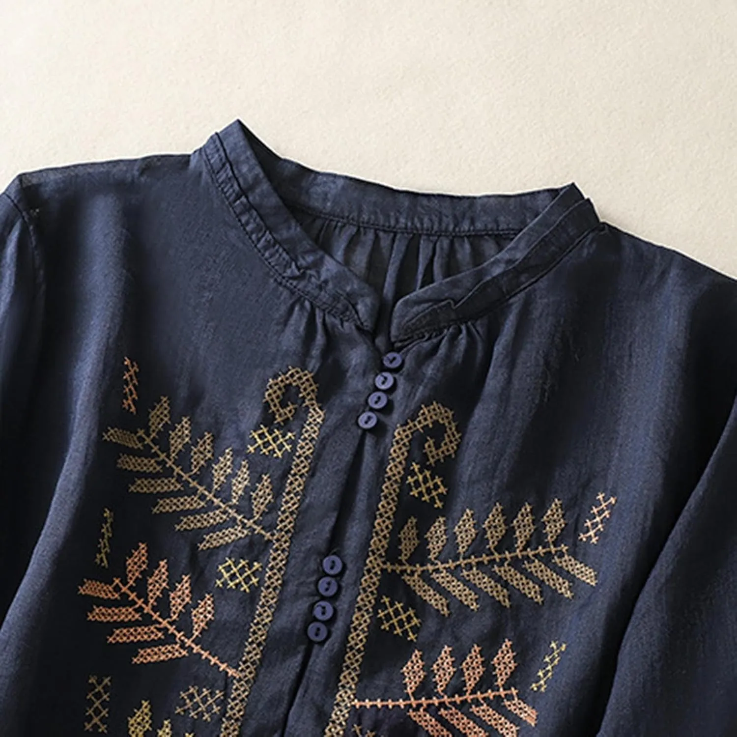 3/4 Length Sleeve Womens Boho Tops Cotton Linen Mexican Embroidered Shirts Vintage Flowy Tunic Peasant Blouses