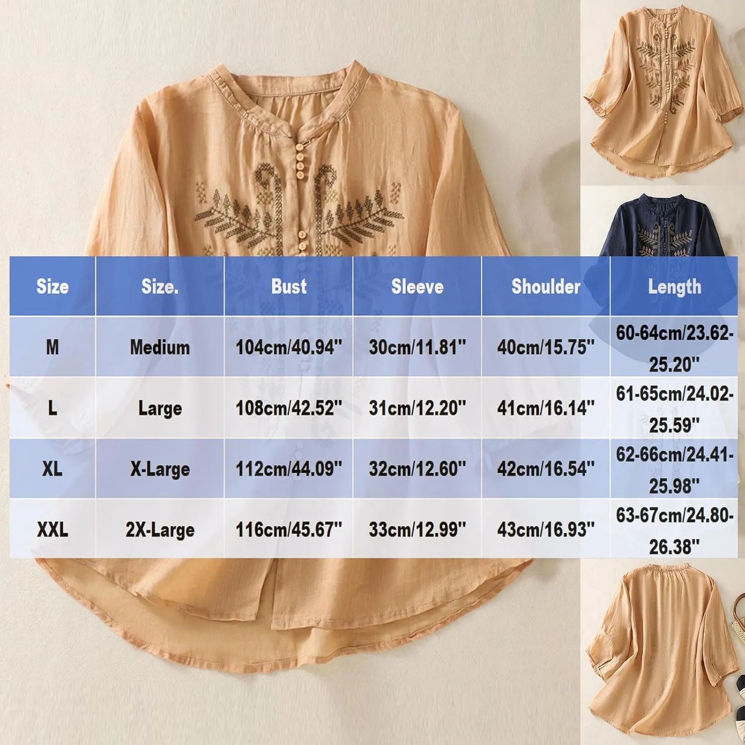 3/4 Length Sleeve Womens Boho Tops Cotton Linen Mexican Embroidered Shirts Vintage Flowy Tunic Peasant Blouses