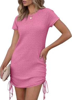 ANRABESS Women Swimwear Cover Up Short Sleeve Knit T Shirt Dress 2025 Summer Beach Drawstring Swim Suit Crochet Mini Dresses