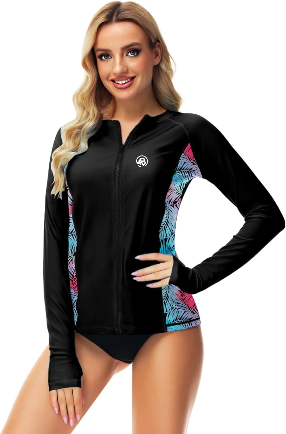 AOBUTE Women Zipper Rash Guard SPF 50  Swim Shirt Zip Up Surfing Swimwear Top with Thumb Hole