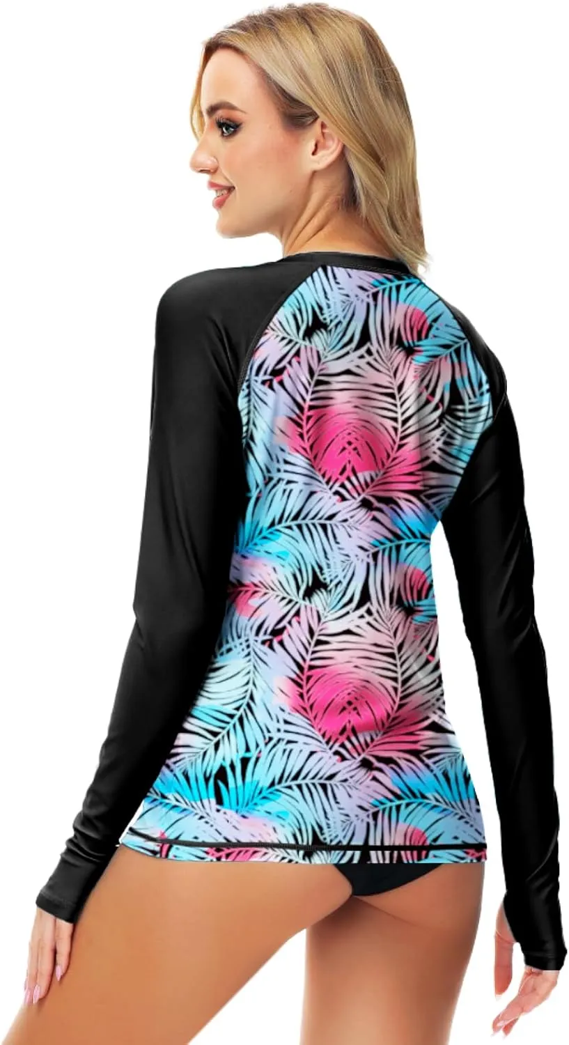 AOBUTE Women Zipper Rash Guard SPF 50  Swim Shirt Zip Up Surfing Swimwear Top with Thumb Hole