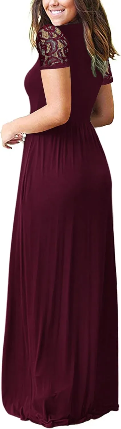 AUSELILY Womens Maxi Dress 2025 Summer Lace Short Sleeve V Neck Wrap Waist Long Dresses with Pockets
