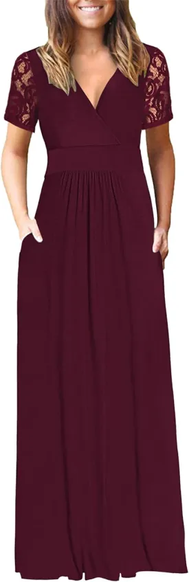 AUSELILY Womens Maxi Dress 2025 Summer Lace Short Sleeve V Neck Wrap Waist Long Dresses with Pockets