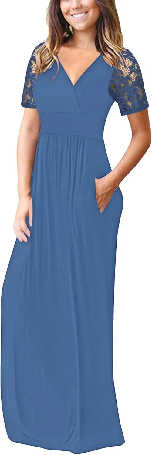 AUSELILY Womens Maxi Dress 2025 Summer Lace Short Sleeve V Neck Wrap Waist Long Dresses with Pockets