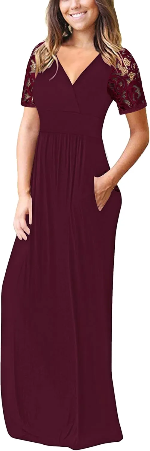 AUSELILY Womens Maxi Dress 2025 Summer Lace Short Sleeve V Neck Wrap Waist Long Dresses with Pockets