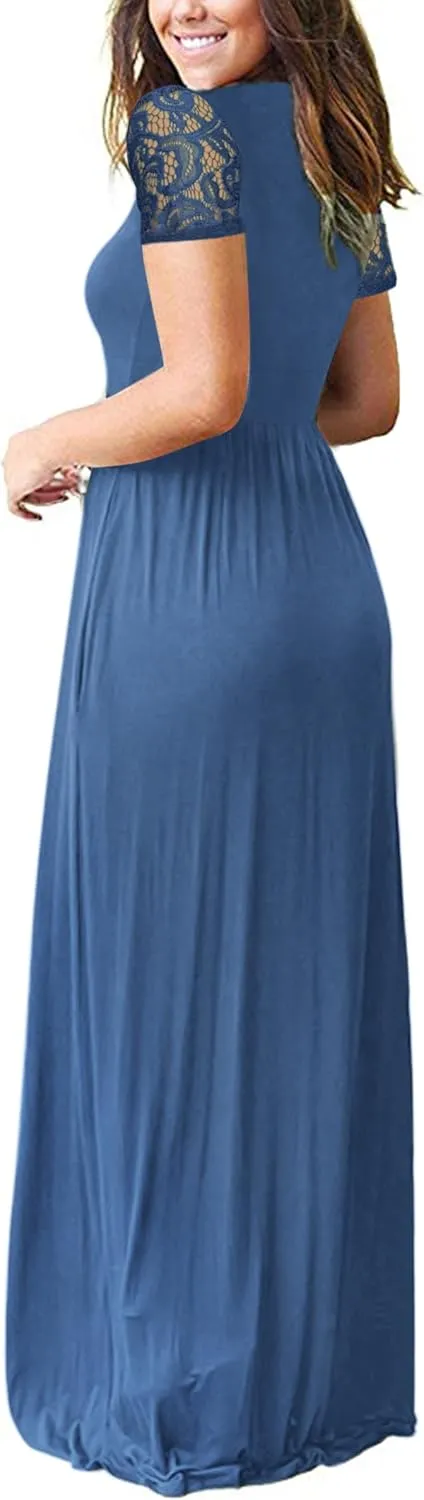 AUSELILY Womens Maxi Dress 2025 Summer Lace Short Sleeve V Neck Wrap Waist Long Dresses with Pockets