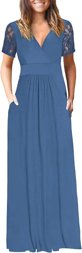 AUSELILY Womens Maxi Dress 2025 Summer Lace Short Sleeve V Neck Wrap Waist Long Dresses with Pockets