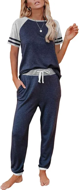 AUTOMET Lounge Sets For Women Two Piece Outfits Loungewear Short Sleeve Crewneck Jogger Pajama Set Sweatpants Tracksuit