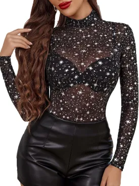 Avidlove Mesh Top for Women Long Sleeve See Through Shirt Mock Neck Sheer Blouse S-XXL