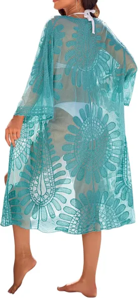 Blooming Jelly Womens Bathing Suit Cover Up 3/4 Sleeve Mesh Swimsuit Coverup Long Floral Beach Lace Kimono Summer Cardigan