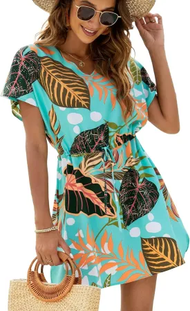 Bluetime Women Casual Swim Cover up V-Neck Summer Coverups Flowy Short Sleeve Mini Beach Dress