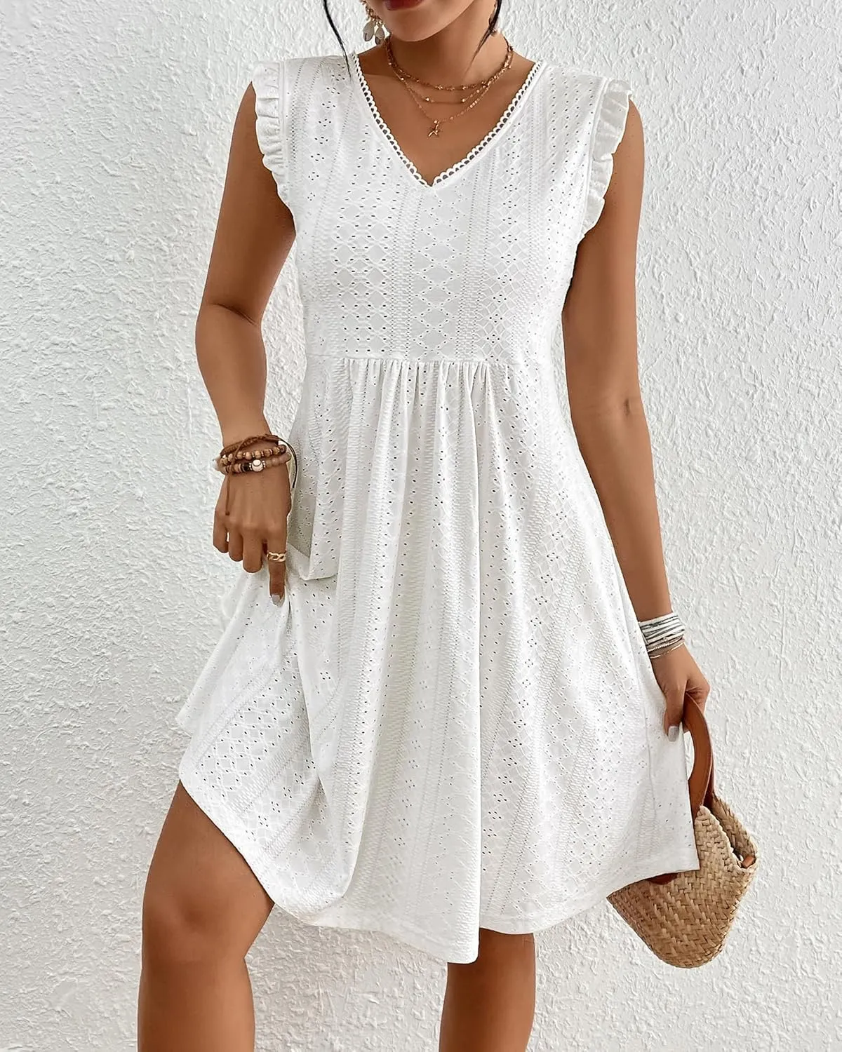 Bsubseach Womens Swimsuit Eyelet Sleeveless Coverup Bathing Suit Cover Up V Neck Swim Cover Ups 2025 Summer Beach Tank Dress