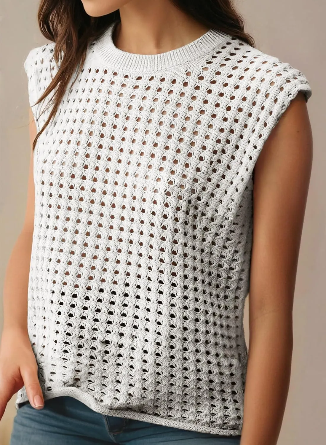Dokotoo Womens Casual Crewneck Sleeveless Sweaters Vest Loose Crochet Hollow Out Knit Beach Swimsuit Cover Ups