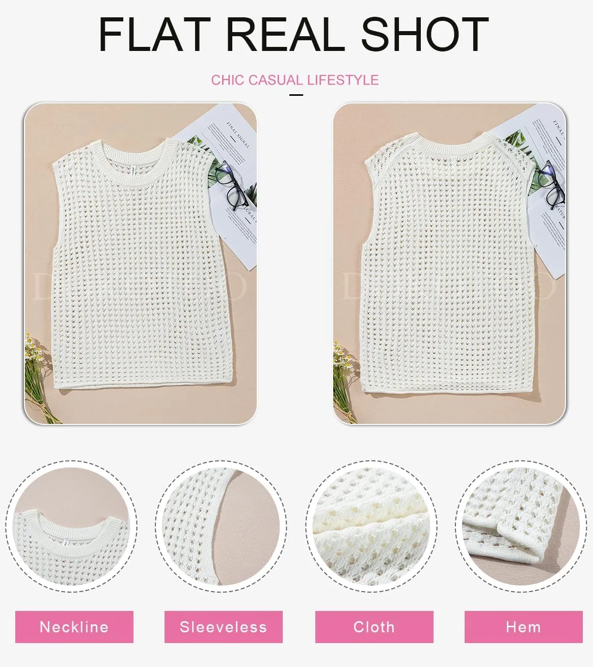 Dokotoo Womens Casual Crewneck Sleeveless Sweaters Vest Loose Crochet Hollow Out Knit Beach Swimsuit Cover Ups