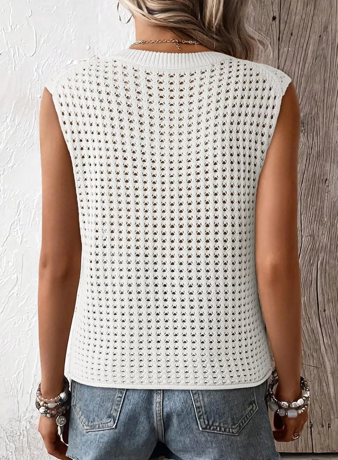 Dokotoo Womens Casual Crewneck Sleeveless Sweaters Vest Loose Crochet Hollow Out Knit Beach Swimsuit Cover Ups