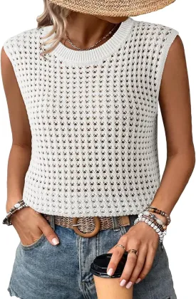Dokotoo Womens Casual Crewneck Sleeveless Sweaters Vest Loose Crochet Hollow Out Knit Beach Swimsuit Cover Ups