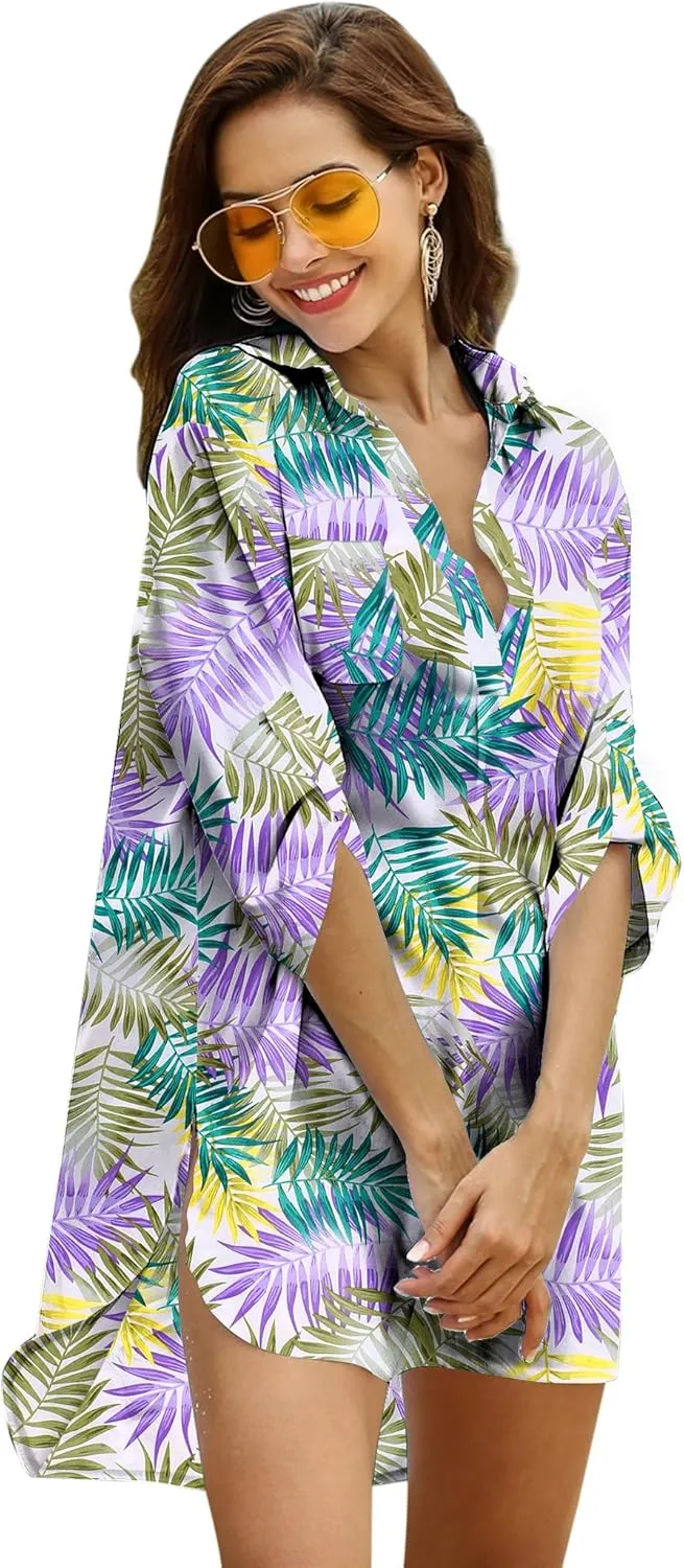 Ekouaer Beach Cover Ups for Women V Neck Bathing Suit Cover Up Bikini Swimsuit Coverup Beach Dress Shirt S-3XL