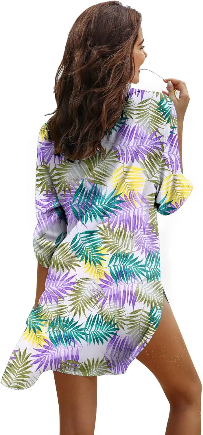Ekouaer Beach Cover Ups for Women V Neck Bathing Suit Cover Up Bikini Swimsuit Coverup Beach Dress Shirt S-3XL