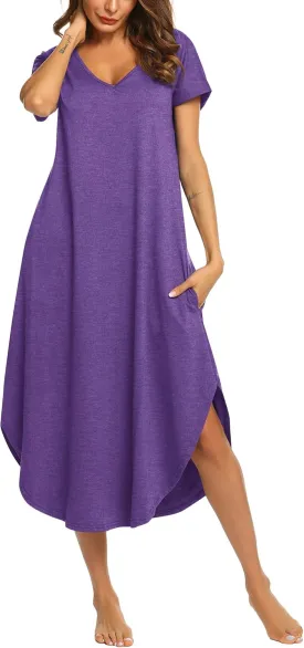 Ekouaer Nightgowns for Women V Neck Nightshirts Short Sleeve Soft Sleepwear Side Split Pockets Long Nightdress