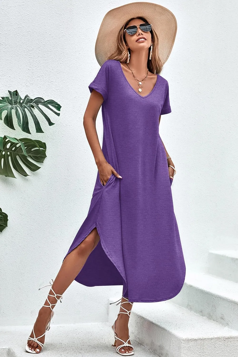 Ekouaer Nightgowns for Women V Neck Nightshirts Short Sleeve Soft Sleepwear Side Split Pockets Long Nightdress
