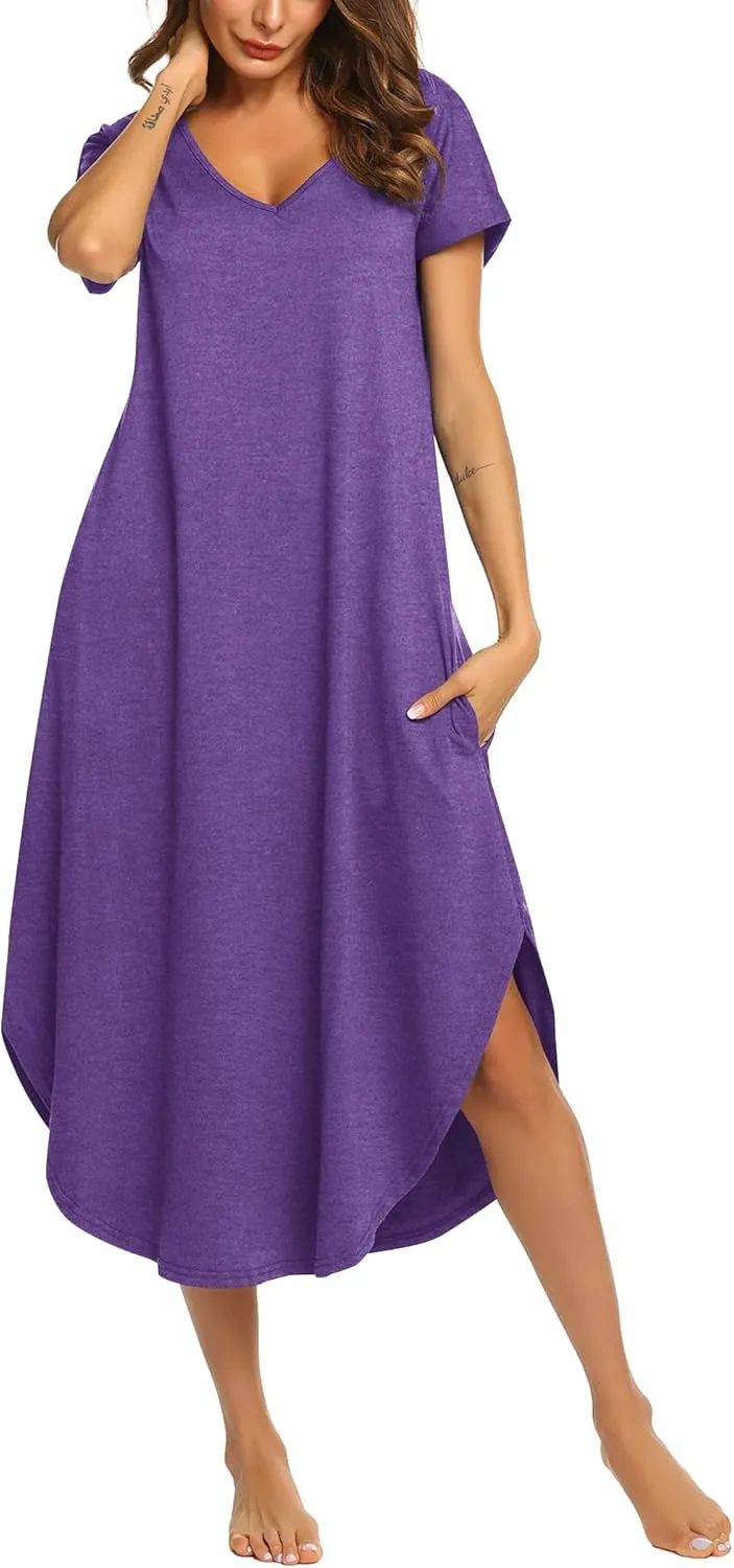 Ekouaer Nightgowns for Women V Neck Nightshirts Short Sleeve Soft Sleepwear Side Split Pockets Long Nightdress