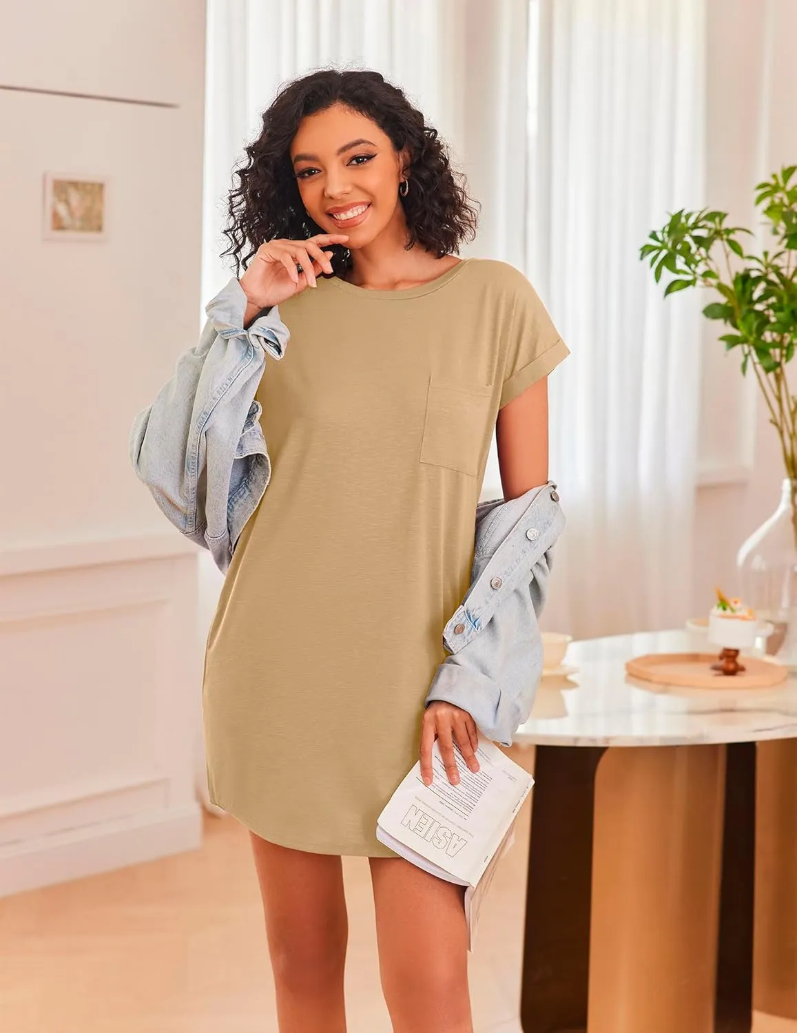 Ekouaer Tshirt Nightgowns for Women Slub-Knit Sleepshirt Soft Night Gown Casual Sleepwear Night Shirt with Pockets S-2XL