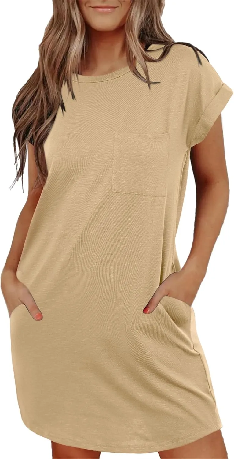 Ekouaer Tshirt Nightgowns for Women Slub-Knit Sleepshirt Soft Night Gown Casual Sleepwear Night Shirt with Pockets S-2XL