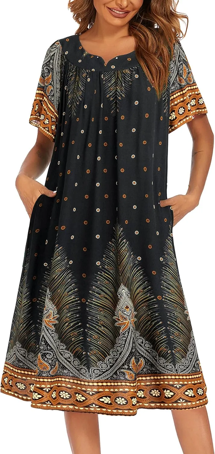 Ekouaer Womens Nightgown Short Sleeve House Dress with Pockets-Floral Print Mumu Dress
