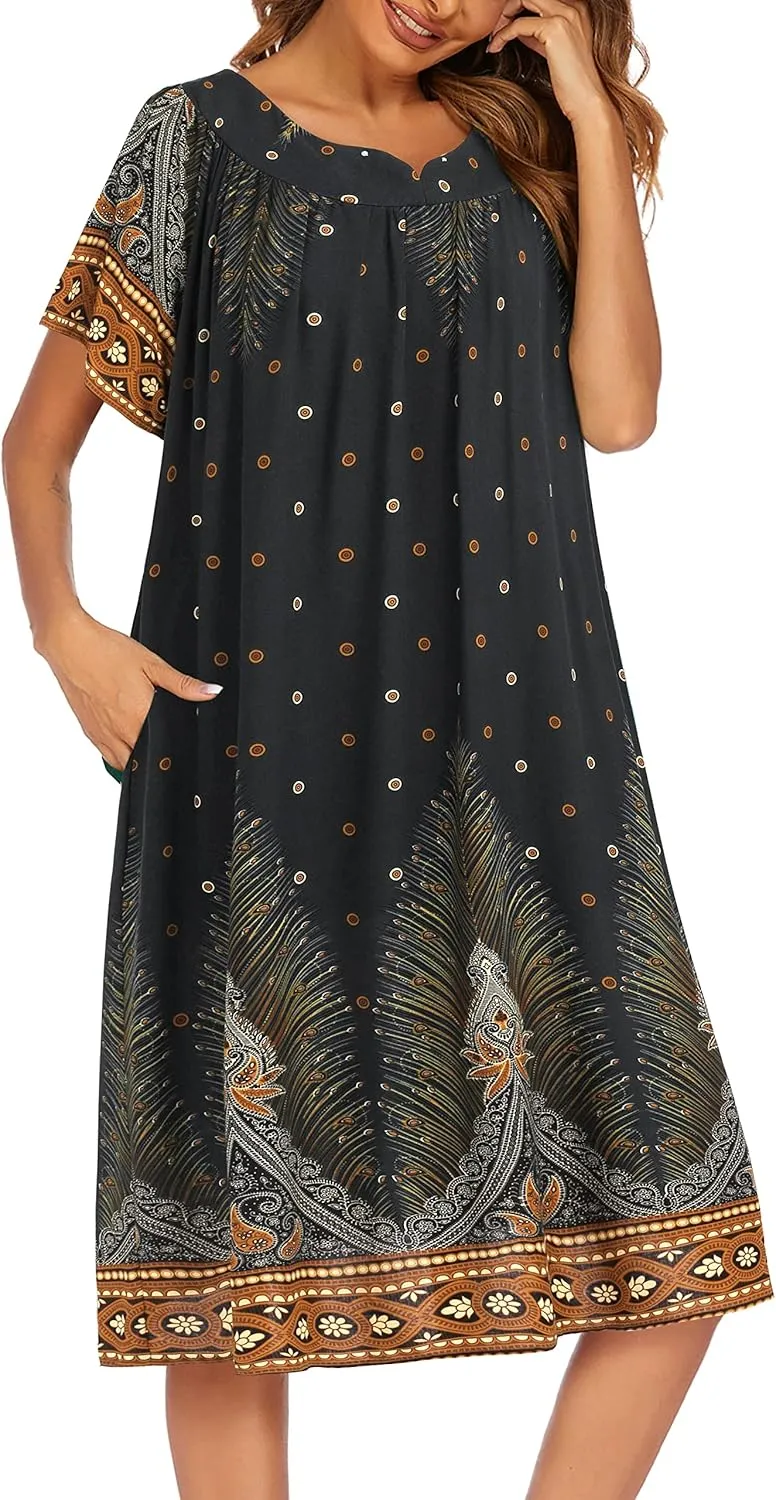 Ekouaer Womens Nightgown Short Sleeve House Dress with Pockets-Floral Print Mumu Dress
