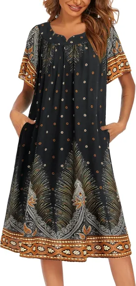 Ekouaer Womens Nightgown Short Sleeve House Dress with Pockets-Floral Print Mumu Dress