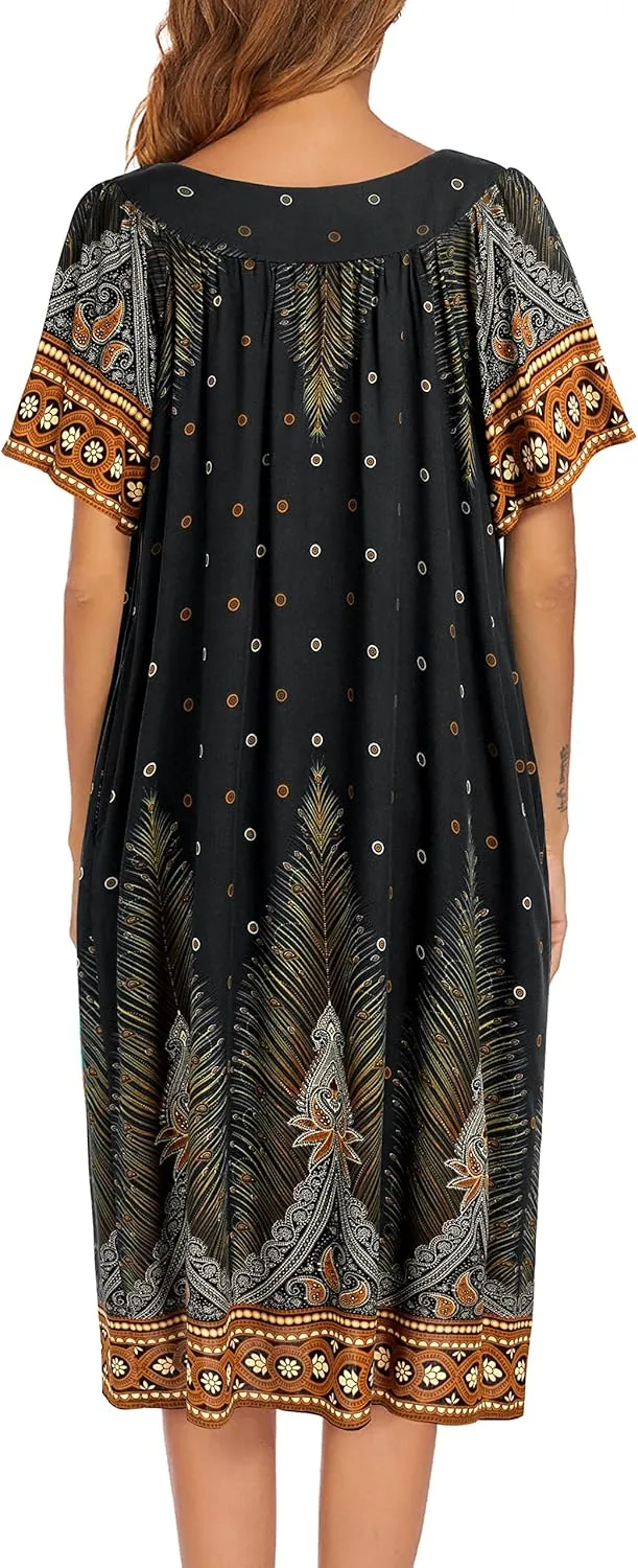 Ekouaer Womens Nightgown Short Sleeve House Dress with Pockets-Floral Print Mumu Dress
