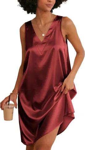 Ekouaer Women's Satin Silk Nightgown V Neck Nightie Tank Sleepshirt Sleeveless Summer Dress Comfy Loungewear