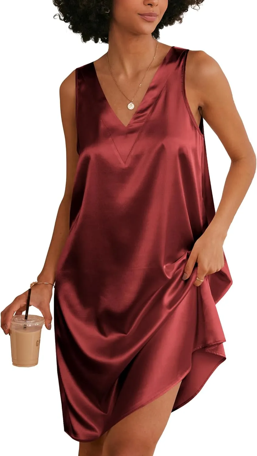 Ekouaer Women's Satin Silk Nightgown V Neck Nightie Tank Sleepshirt Sleeveless Summer Dress Comfy Loungewear