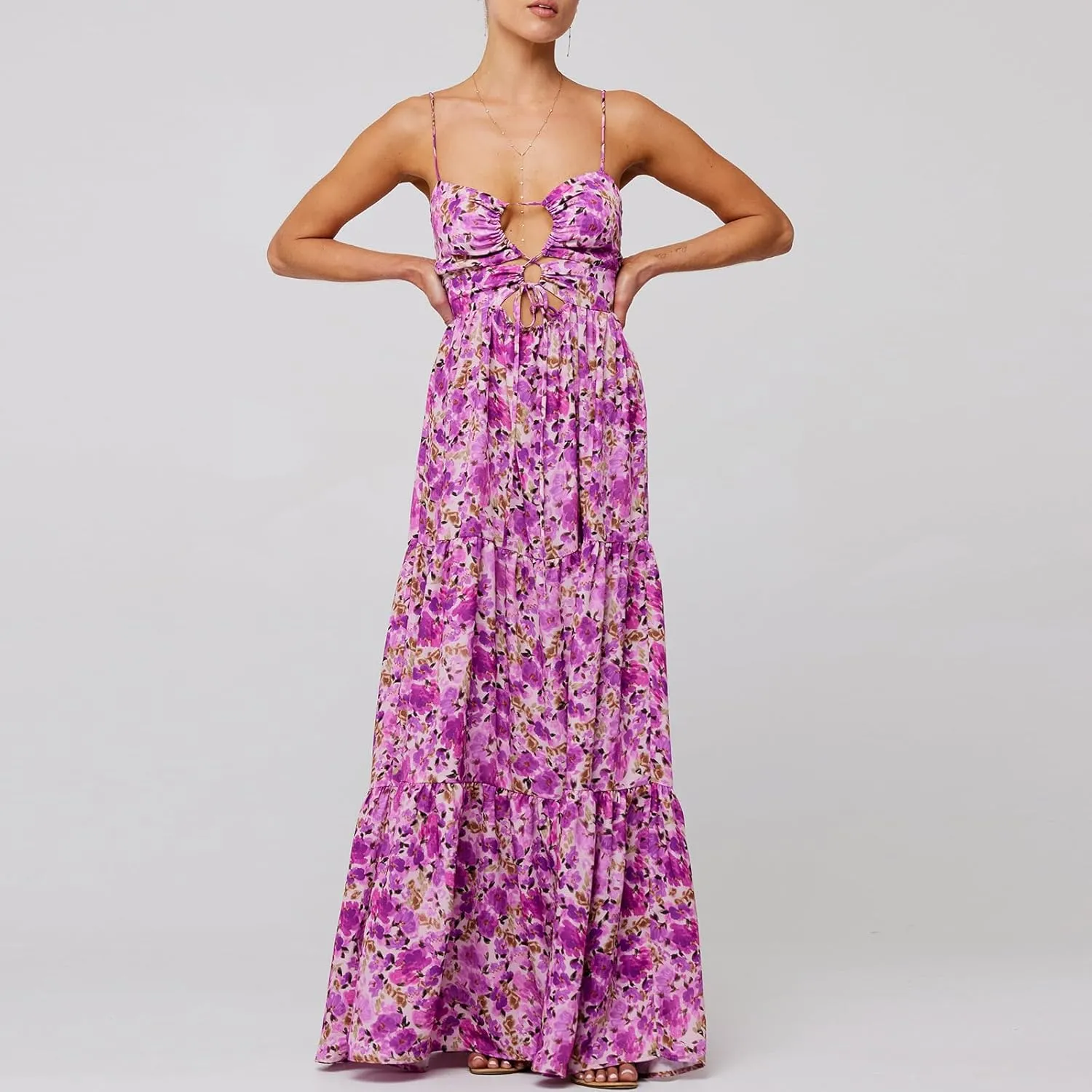 FEORJGP Womens Summer Spaghetti Strap Long Dress Boho Low Cut Dress Backless Flowy Midi Dress Bohemian Maxi Dresses Beachwear