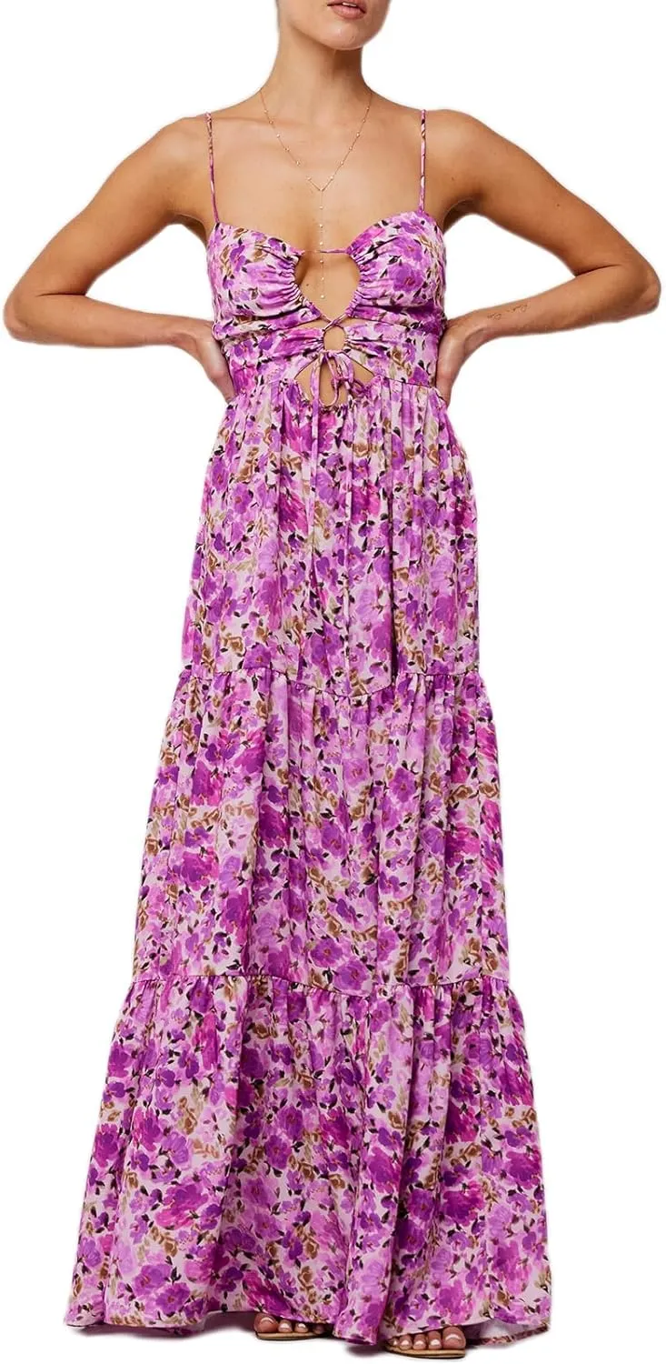 FEORJGP Womens Summer Spaghetti Strap Long Dress Boho Low Cut Dress Backless Flowy Midi Dress Bohemian Maxi Dresses Beachwear