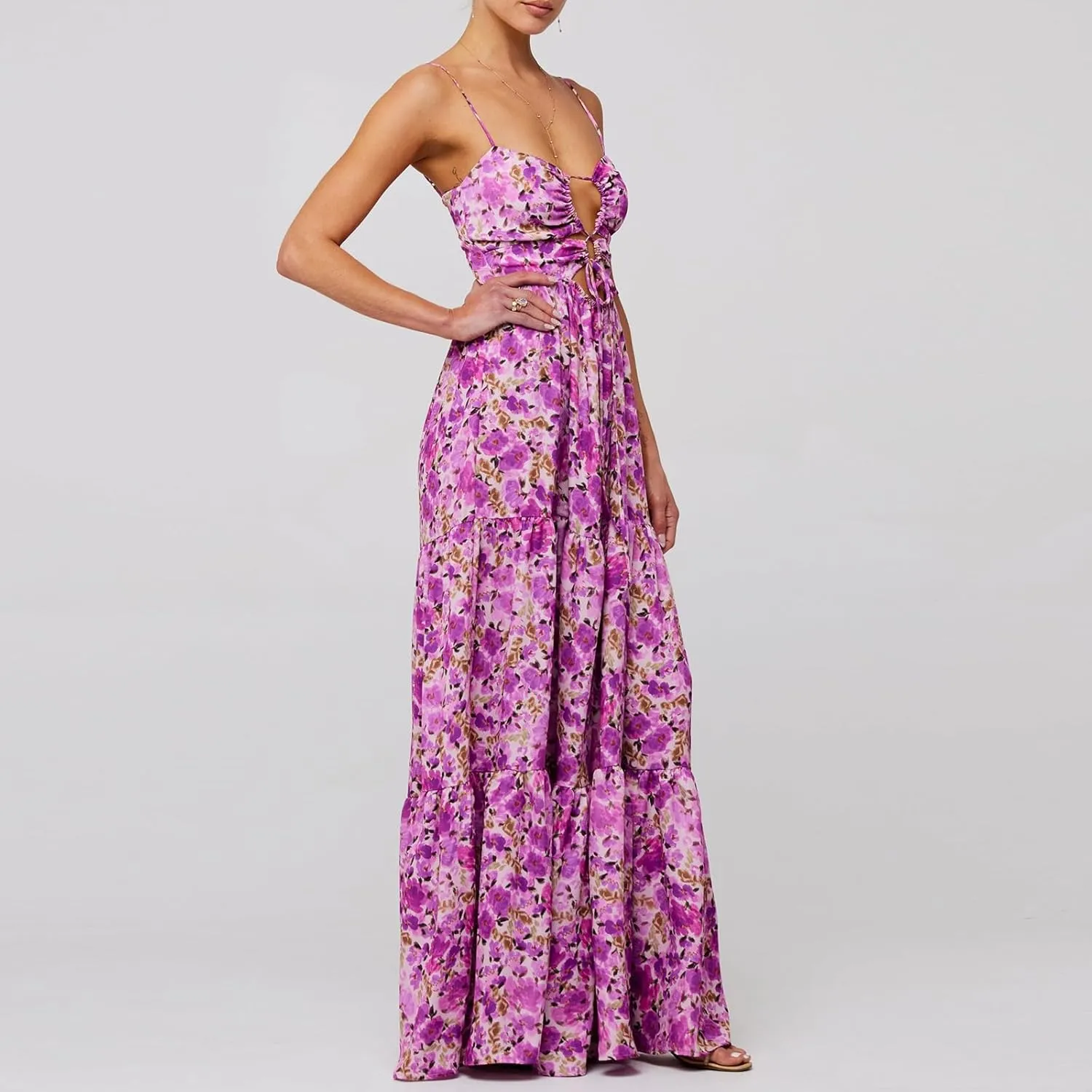 FEORJGP Womens Summer Spaghetti Strap Long Dress Boho Low Cut Dress Backless Flowy Midi Dress Bohemian Maxi Dresses Beachwear