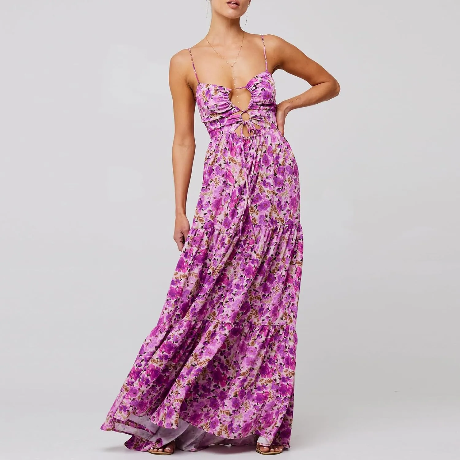 FEORJGP Womens Summer Spaghetti Strap Long Dress Boho Low Cut Dress Backless Flowy Midi Dress Bohemian Maxi Dresses Beachwear