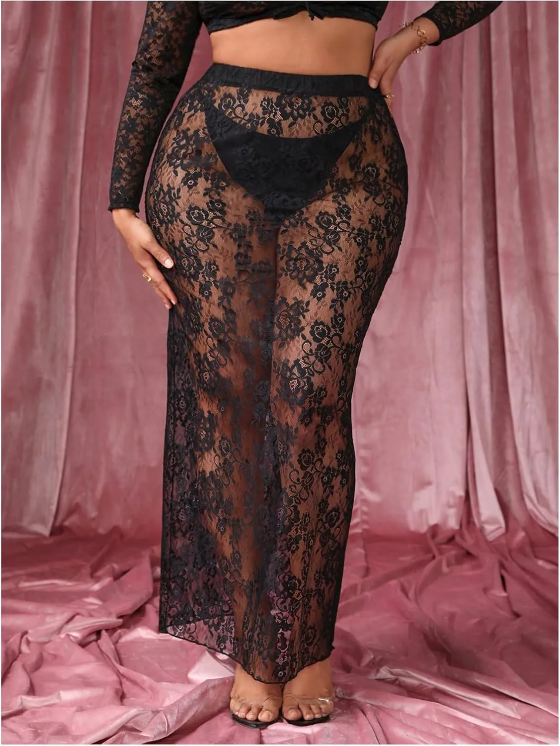 Floerns Women's Plus Size See Through High Waist Club Maxi Skirts Without Panty