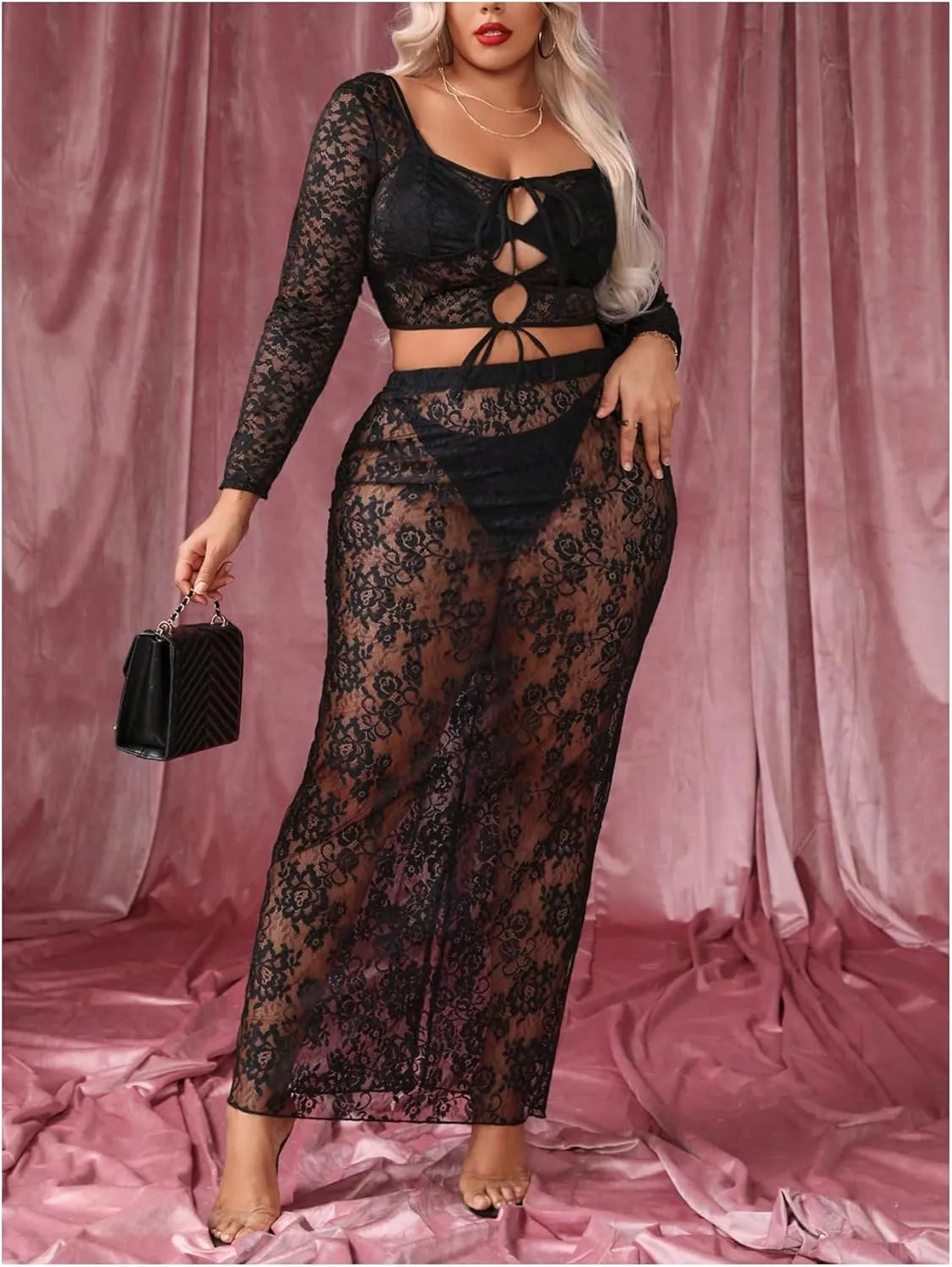 Floerns Women's Plus Size See Through High Waist Club Maxi Skirts Without Panty