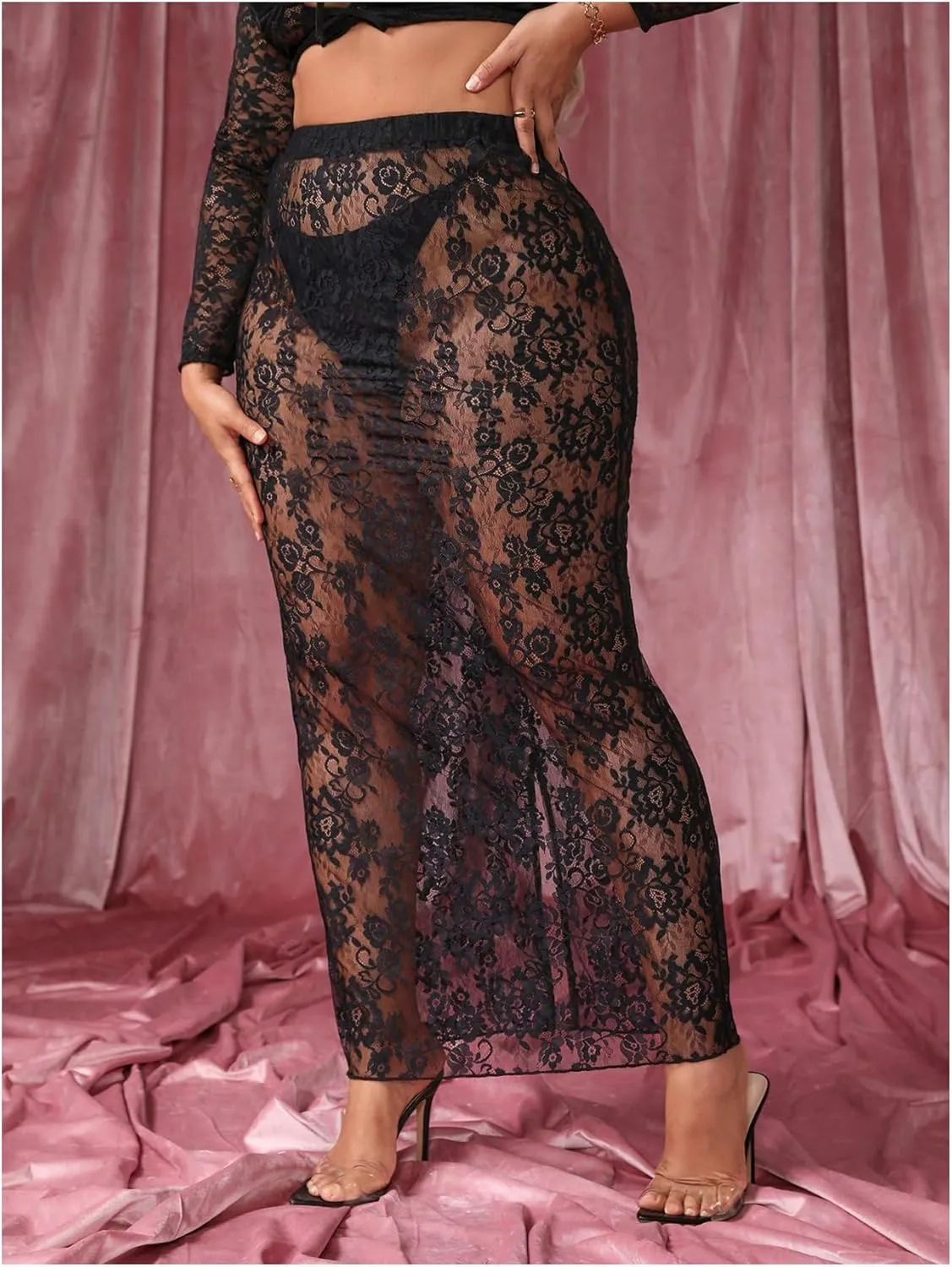 Floerns Women's Plus Size See Through High Waist Club Maxi Skirts Without Panty