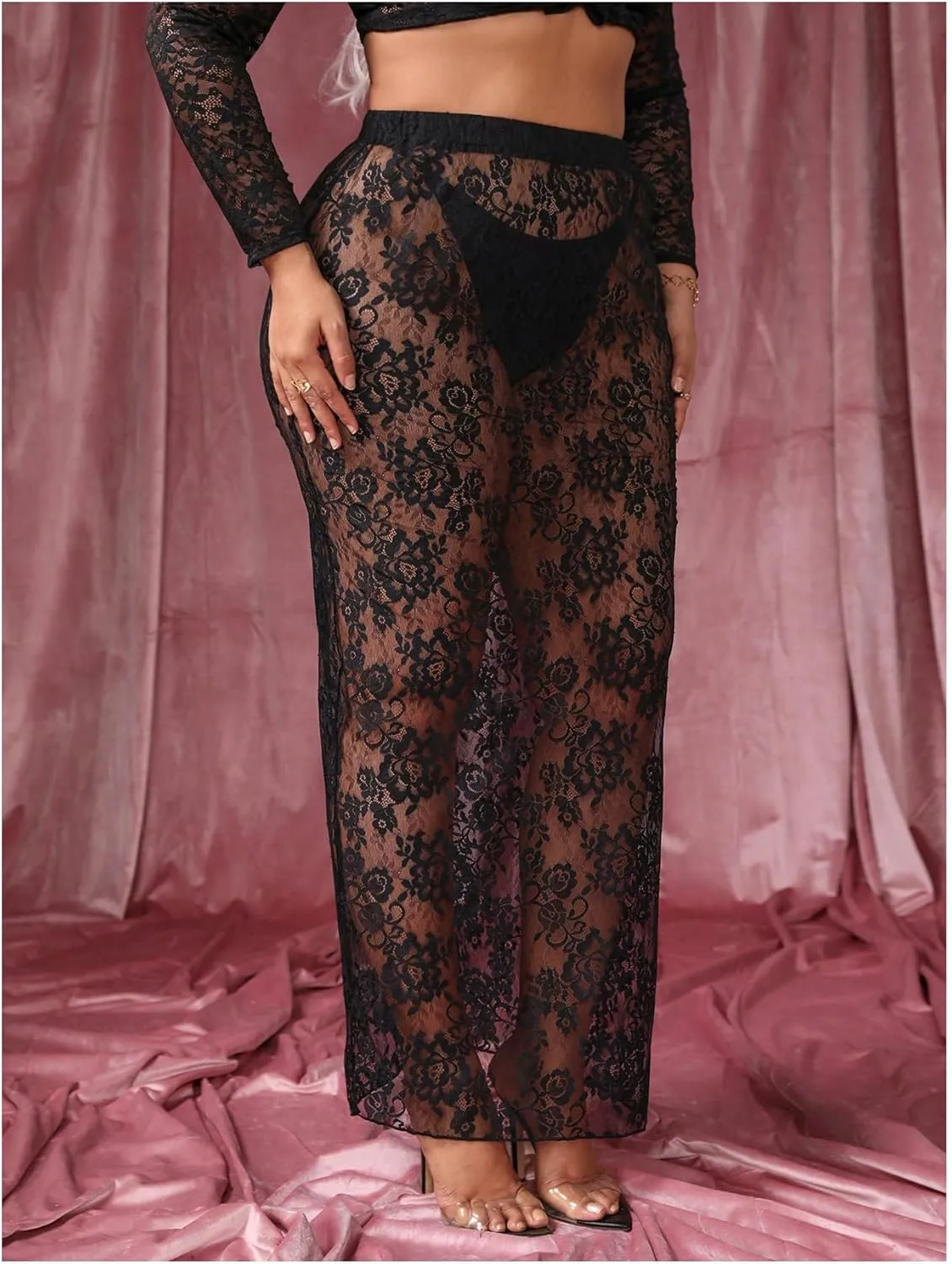 Floerns Women's Plus Size See Through High Waist Club Maxi Skirts Without Panty