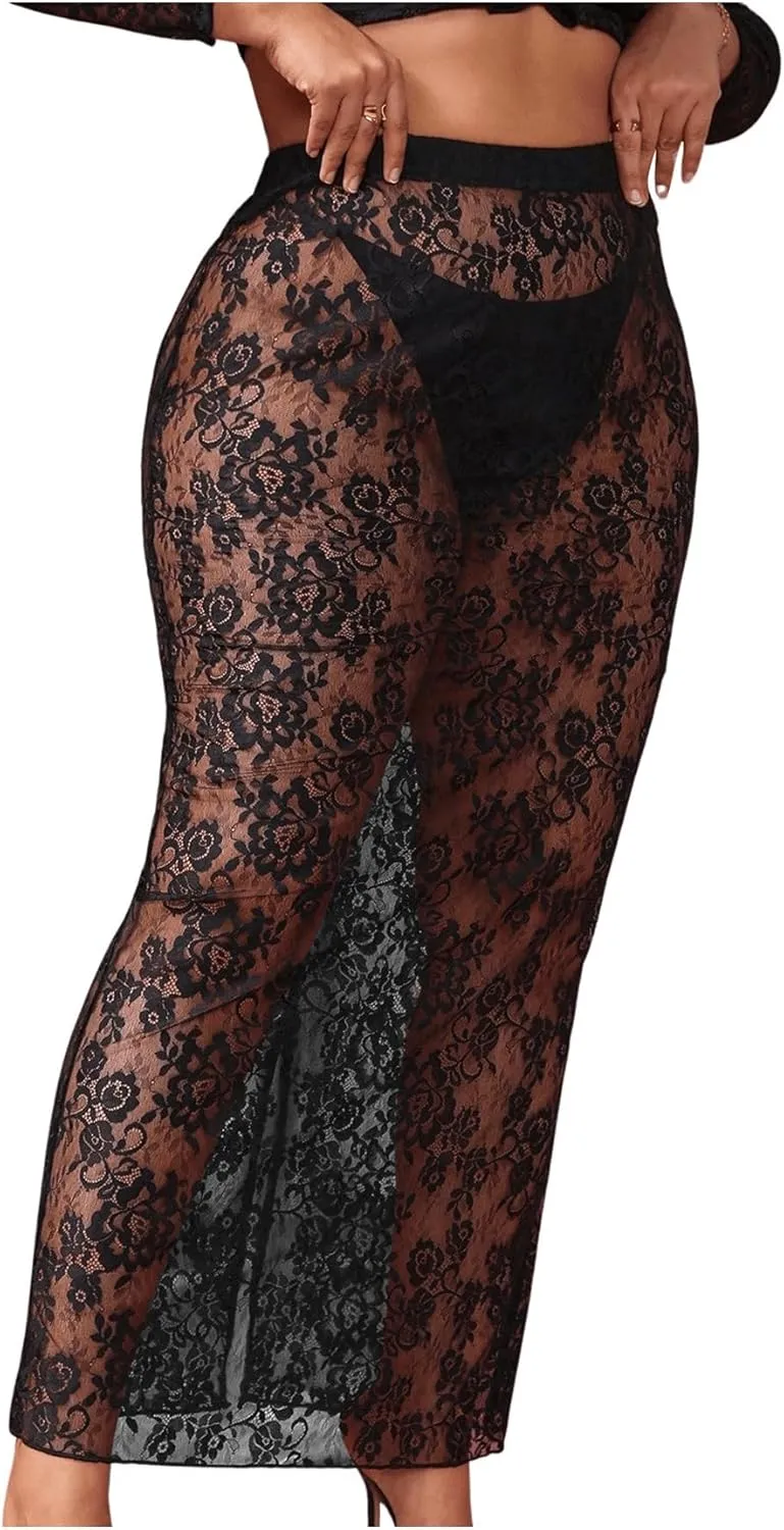 Floerns Women's Plus Size See Through High Waist Club Maxi Skirts Without Panty