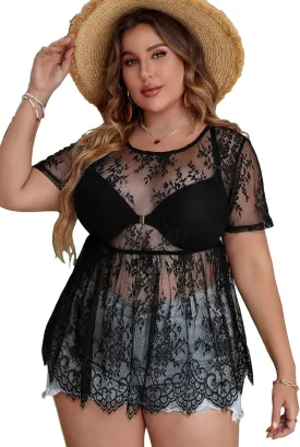 Floerns Women's Plus Size Sheer Mesh Short Sleeve Crop Top T Shirt Without Bra