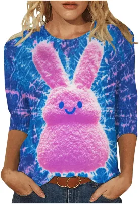 Funny Bunny Shirts for Women Happy Easter Casual 3/4 Sleeve Tshirts Summer Loose Casual Tops Blouse Fashion 2025