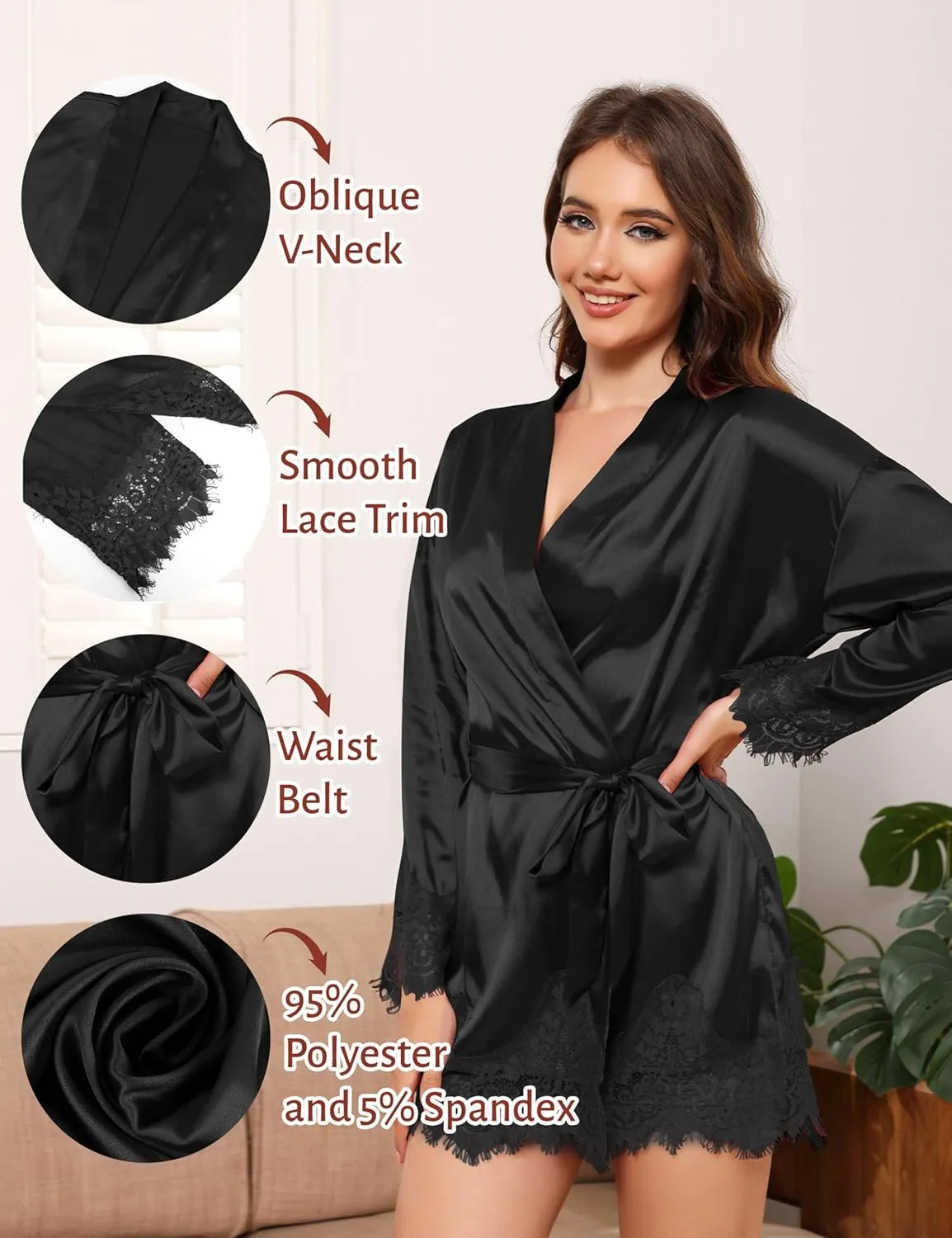 GAESHOW Satin Robe for Women Short Silky Robes with Lace Trim Wedding Party Bride Bridesmaid Bathrobes
