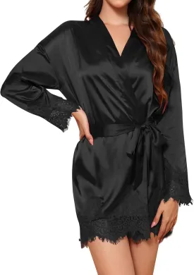 GAESHOW Satin Robe for Women Short Silky Robes with Lace Trim Wedding Party Bride Bridesmaid Bathrobes