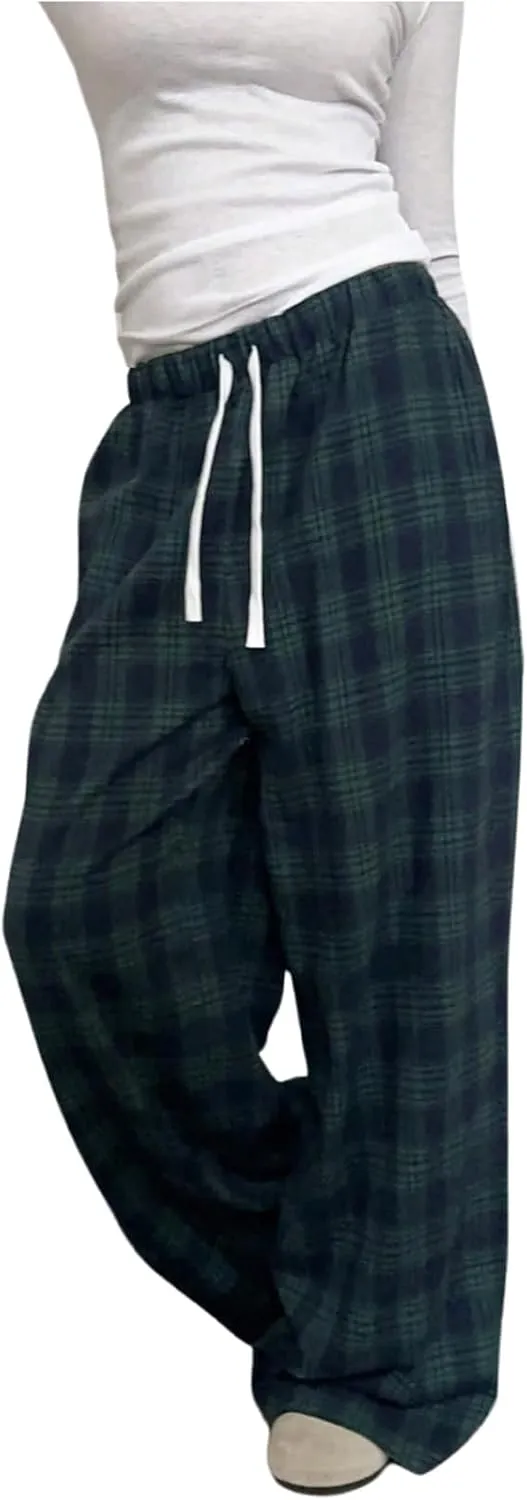 GORGLITTER Women's Plaid Wide Leg Pajama Pants Drawstring Elastic High Waisted Comfy Causal Lounge Trousers