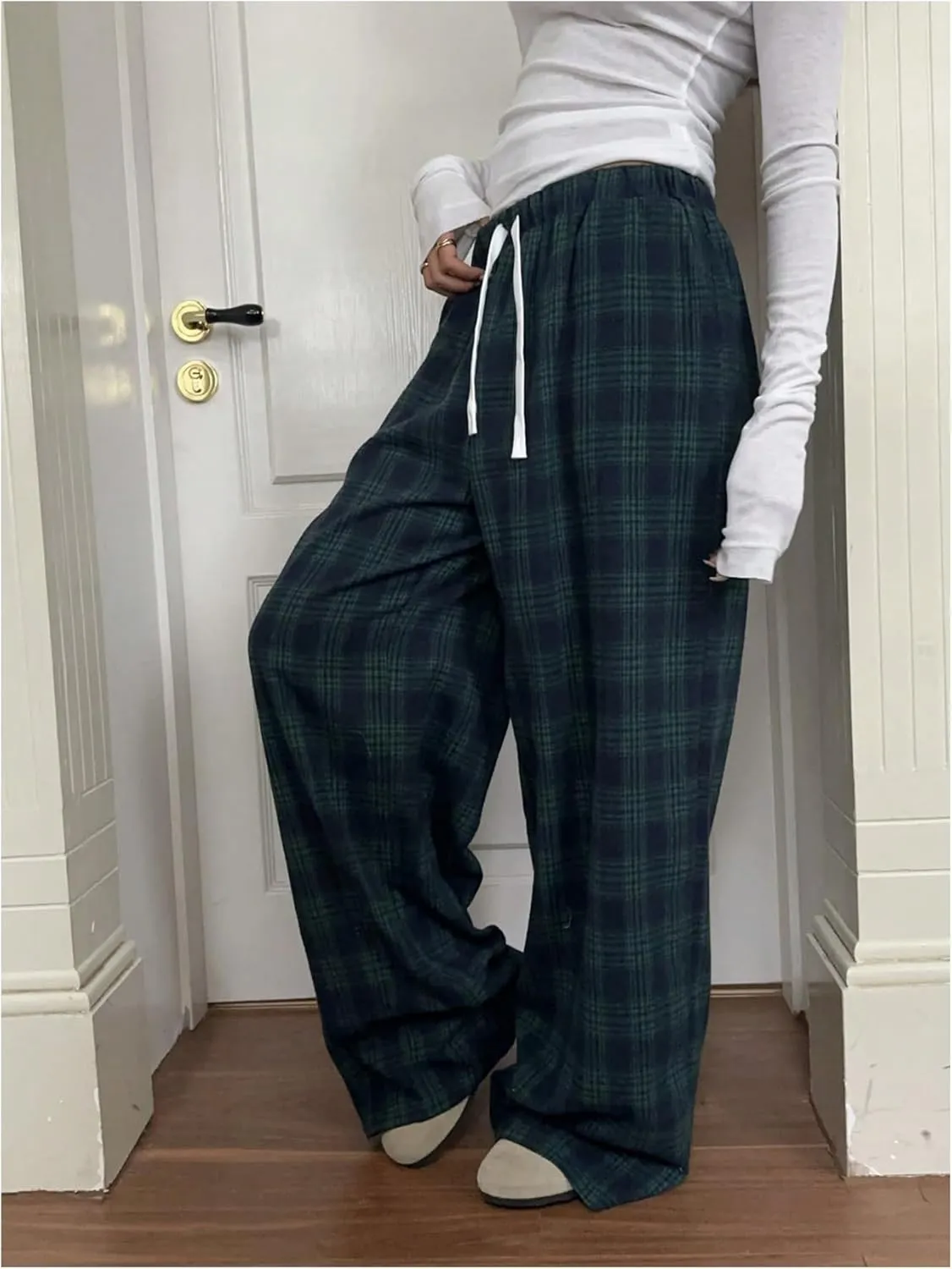 GORGLITTER Women's Plaid Wide Leg Pajama Pants Drawstring Elastic High Waisted Comfy Causal Lounge Trousers
