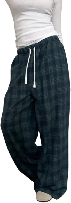 GORGLITTER Women's Plaid Wide Leg Pajama Pants Drawstring Elastic High Waisted Comfy Causal Lounge Trousers